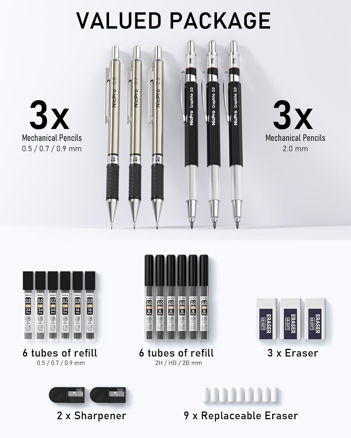 Nicpro 6PCS Art Mechanical Pencil Set, 3PCS Metal Drafting Pencil 0.5 mm & 0.7 mm & 0.9 mm & 3PCS 2mm Graphite Lead Holder (2B HB 2H) For Writing, Sketching Drawing With Lead Refills Case