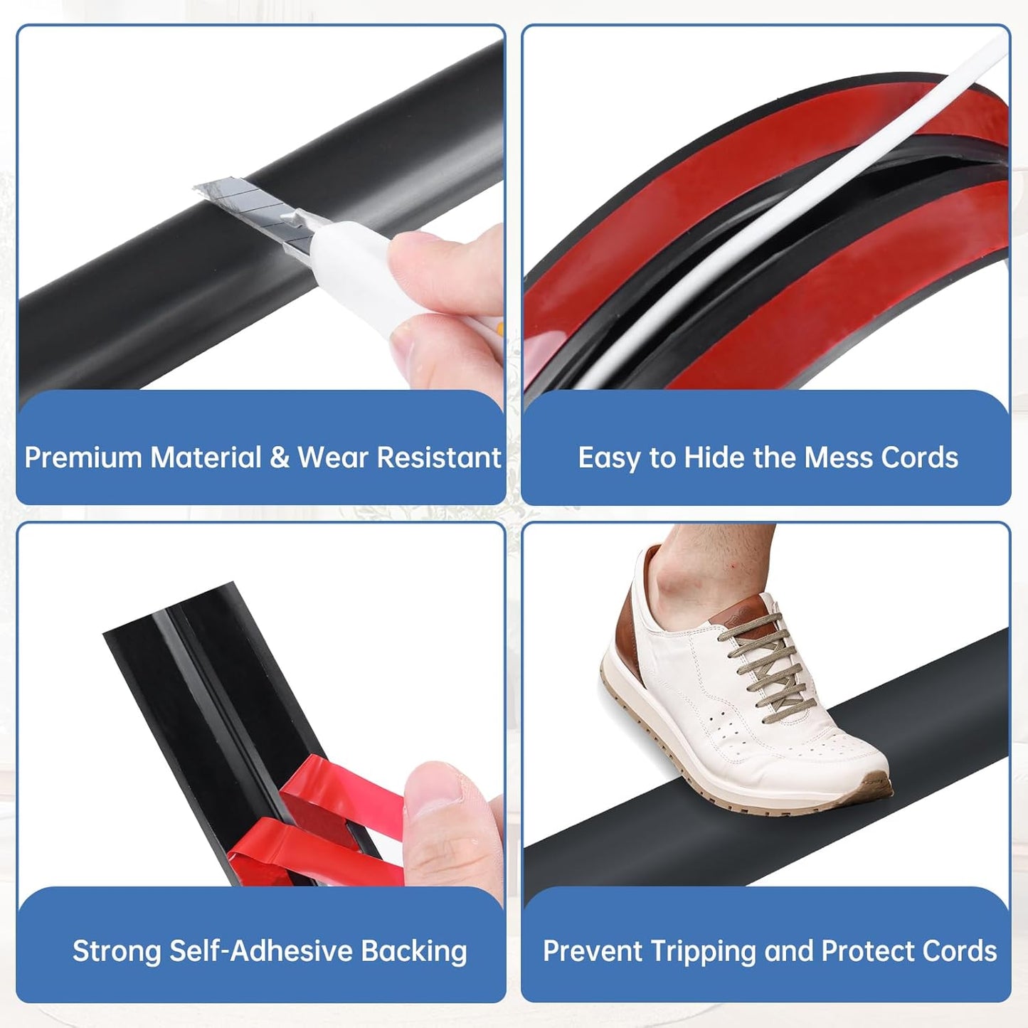 Floor Cord Cover Self Adhesive Cord Hider Floor Extension Cord Covers for Floor Power Cord Protector Cable Management Prevent Cable Trips Cable Cavity 0.47" W x 0.27" H (Black, 20Ft)