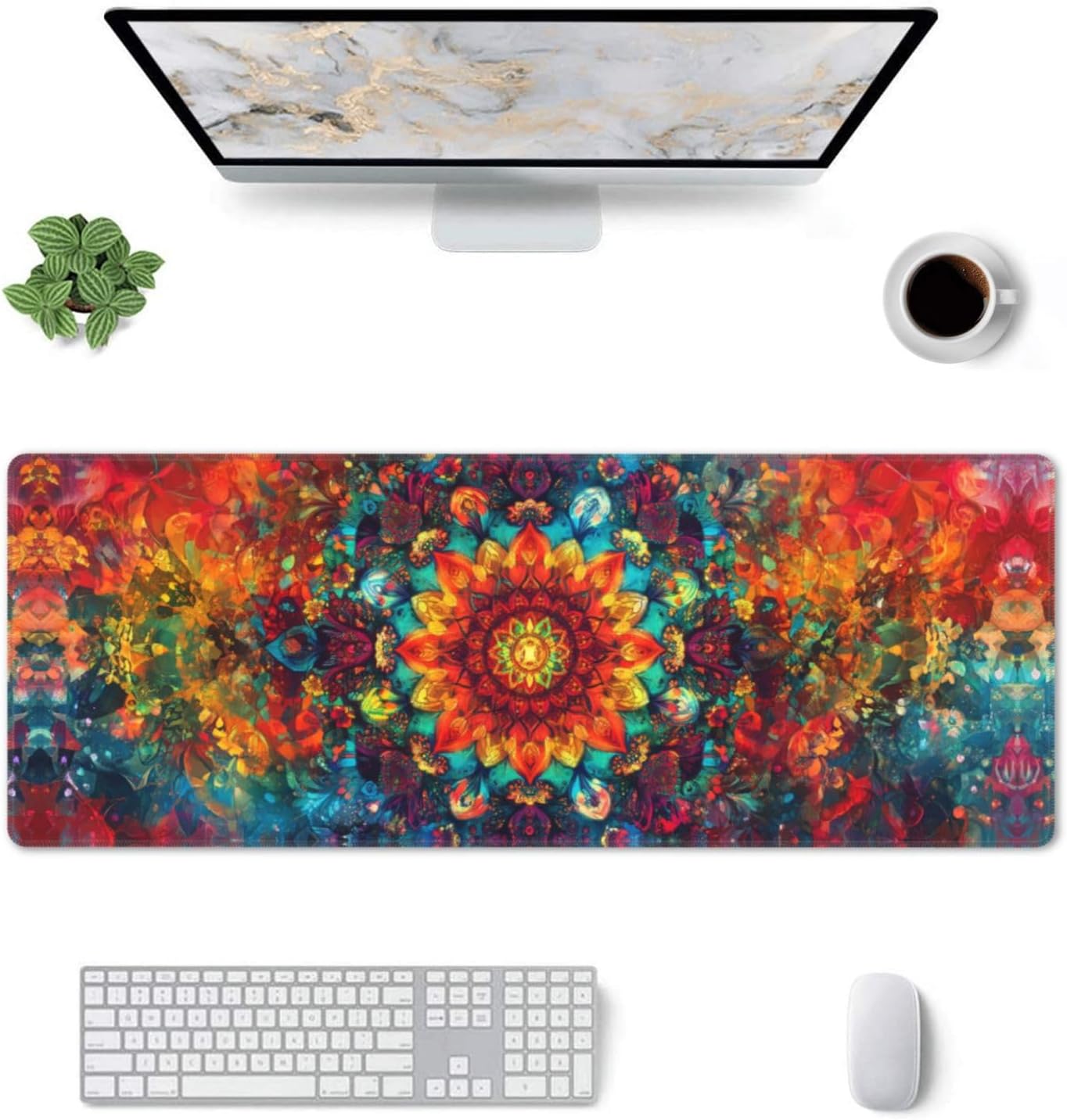 Mandala Mouse Pad 31.5 X 11.8 Inch Big Desk Rubber Base Stitched Edges Keyboard Pad XXL Mouse Mat for Home Game and Office