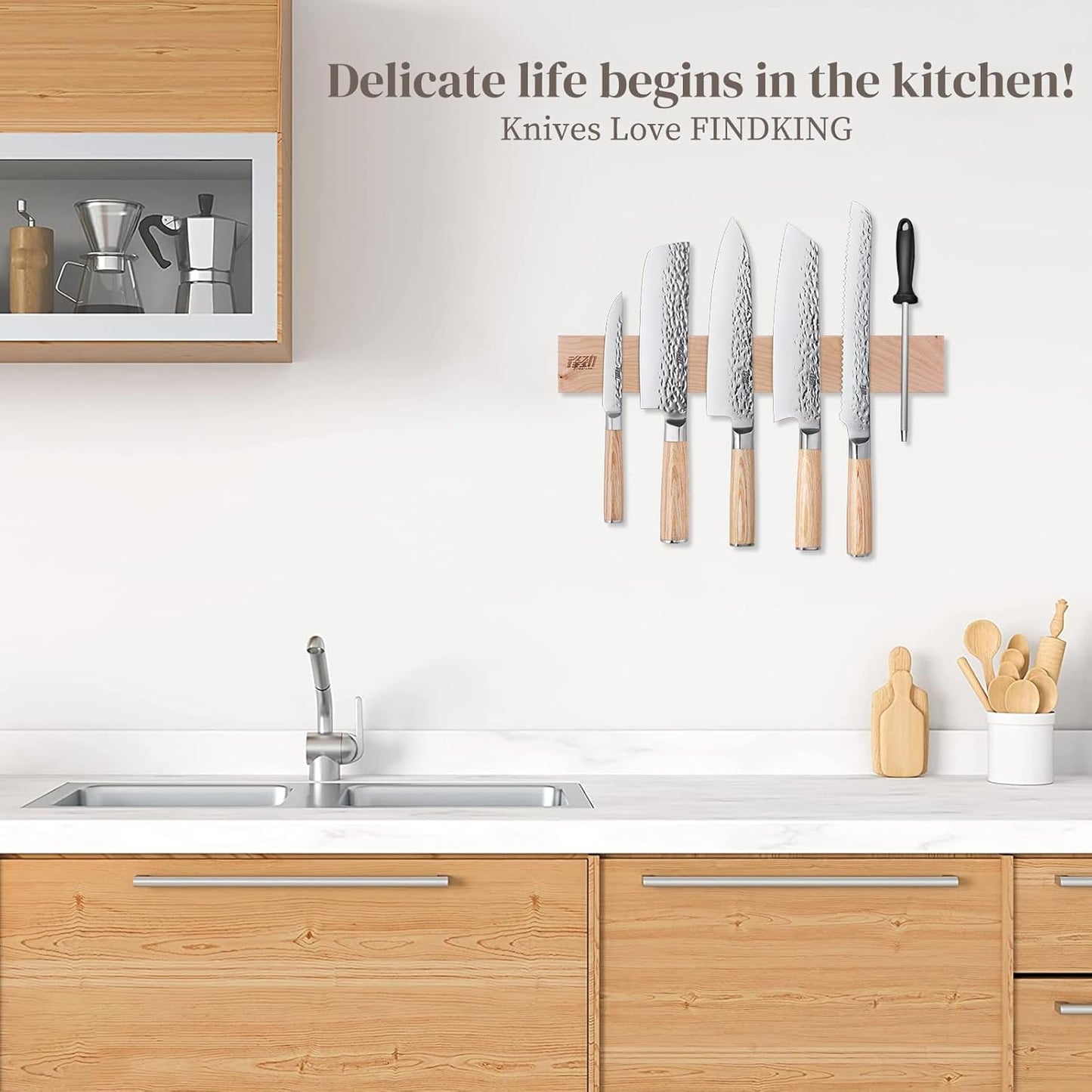 FINDKING Wood Magnetic Knife Strip, Magnet Utensil Holder for Wall, Refrigerator, Wooden Rack for Kitchen Knives, No Drill (Beige, 16 Inches, Without Knives)