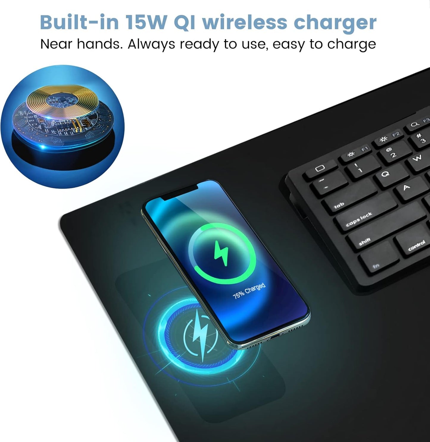 Desk Mat Wireless Charging Mouse Pad Large 32x16 Journey Desk Pad Mat with Wireless Charger Waterproof Black Leather Computer Mat with Phone Charger Mousepad Non-Slip for Keyboard and Mouse