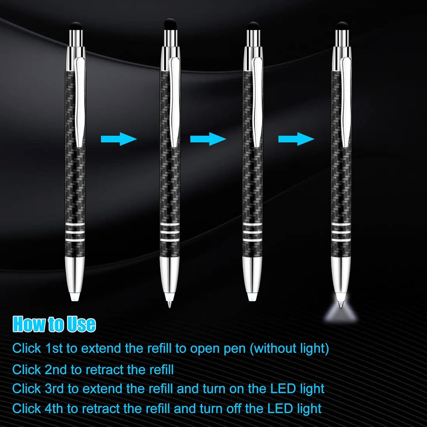 Glovion Lighted Tip Pen with Stylus 3-in-1 - LED Penlight Light Up Pen Light Ballpoint Pen with Light for Writing in The Dark - Pack of 3 - Red/Blue/White Light - GL006