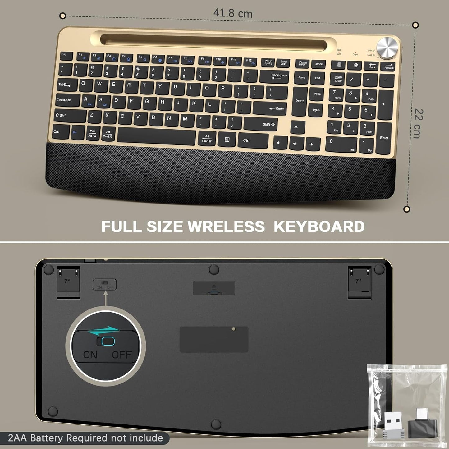 Ergonomic Wireless Keyboard with Wrist Rest-Low-Profile,Phone/Tablet Holder,Quiet Design，Windows & Mac OS，Full Size Cordless USB Computer Keyboard for Desktop,Laptop, PC, Mac, Windows-Gold