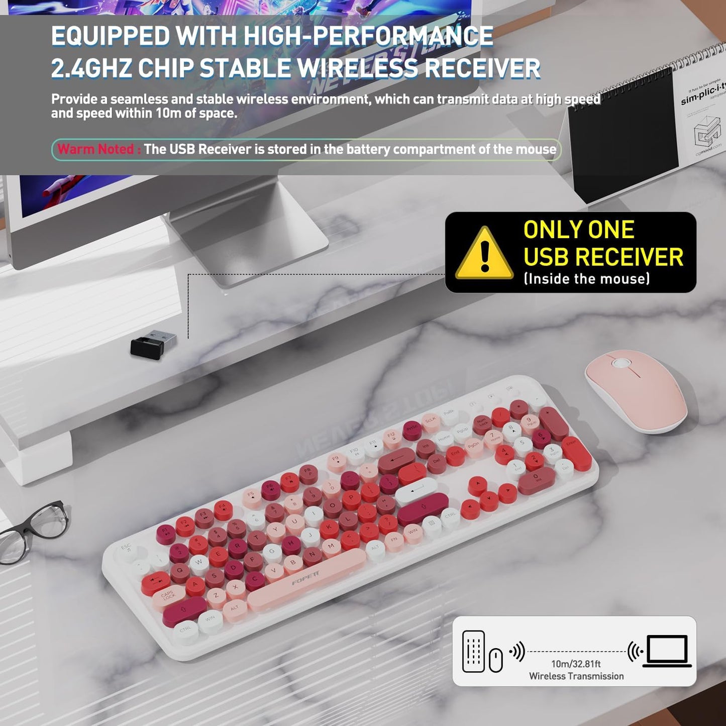 Cute Retro Wireless Keyboard and Mouse Combo with Round Key, 2.4Ghz Dropout-Free Connection, Typewriter Wireless Keyboard and Mouse Set for PC, Laptop, Desktop Computer - Pink Colorful