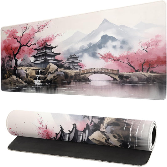 Desk Mat, Desk Matt for Desktop, Watercolor Desk Pad Mat, XL Large Mouse Pad for Desk, Anti-Slip Big Mousepad with Stitched Edges, Keyboard Pad Mouse Mat for Gaming Office (Cherry Blossom 3)
