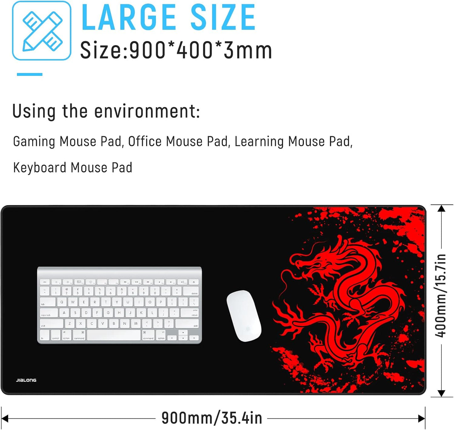 JIALONG Gaming Mouse Pad Large Size 35.4x15.7 inches Extended Desk Mousepad with Personalized Design for Laptop, Computer PC - Red Dragon