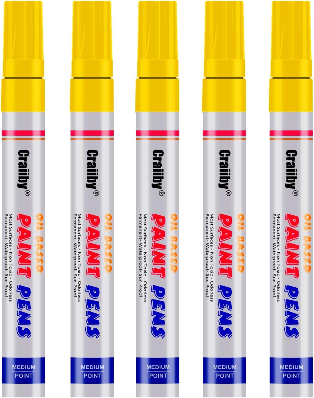 Yellow Paint Markers, 5 Pack Oil-Based Waterproof Quick Dry Permanent Paint Pen Set for Rocks Painting, Wood, Fabric, Plastic, Canvas, Glass, Mugs, Metal, Tire, Stone, DIY Craft