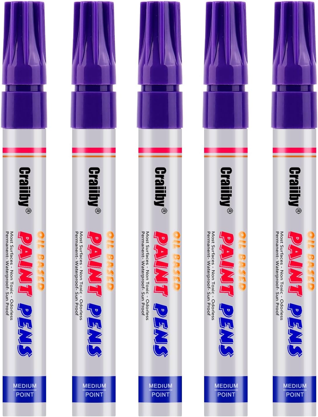 Purple Paint Markers, 5 Pack Oil-Based Waterproof Quick Dry Permanent Paint Pen Set for Rocks Painting, Wood, Fabric, Plastic, Canvas, Glass, Mugs, Metal, Tire, Stone, DIY Craft