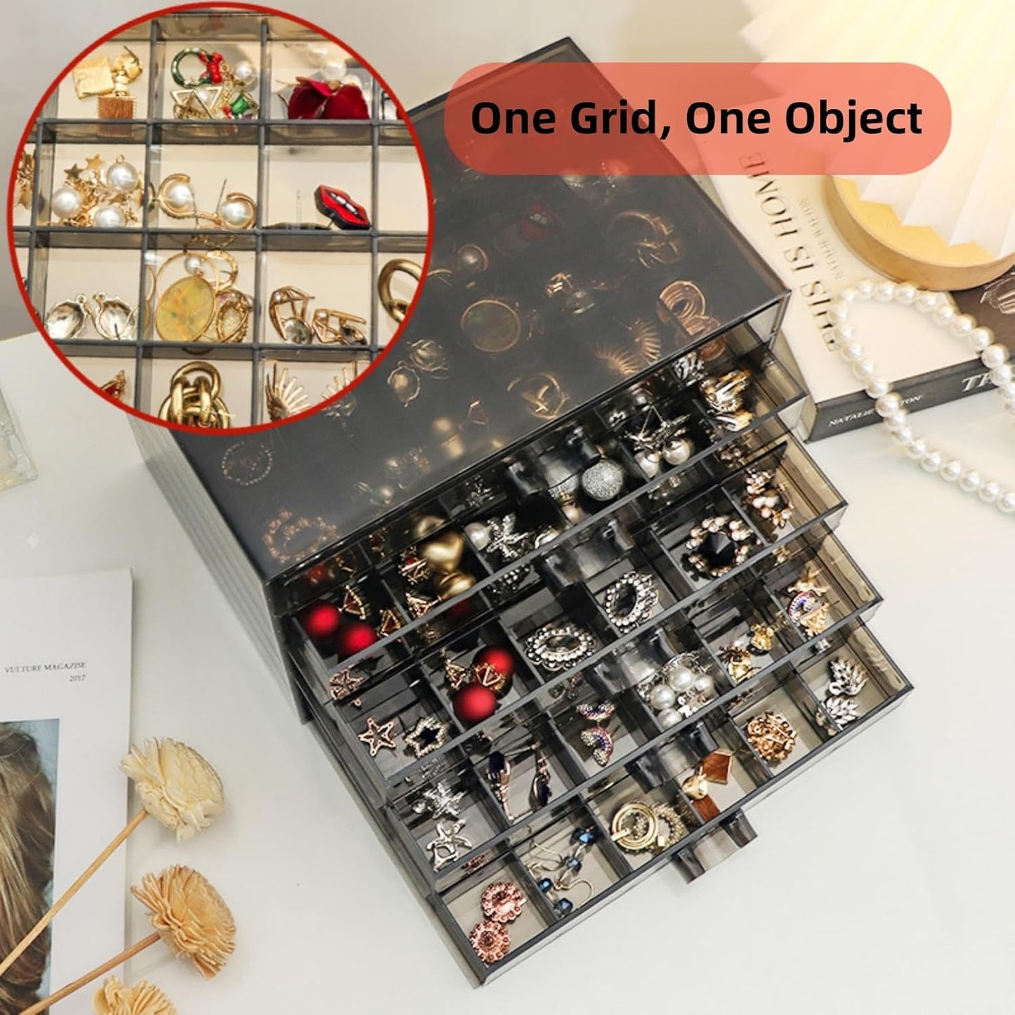 Feadily Acrylic Jewelry Organizer Box, Jewelry Drawer Organizer With 5 Drawers 120 Grids, Black