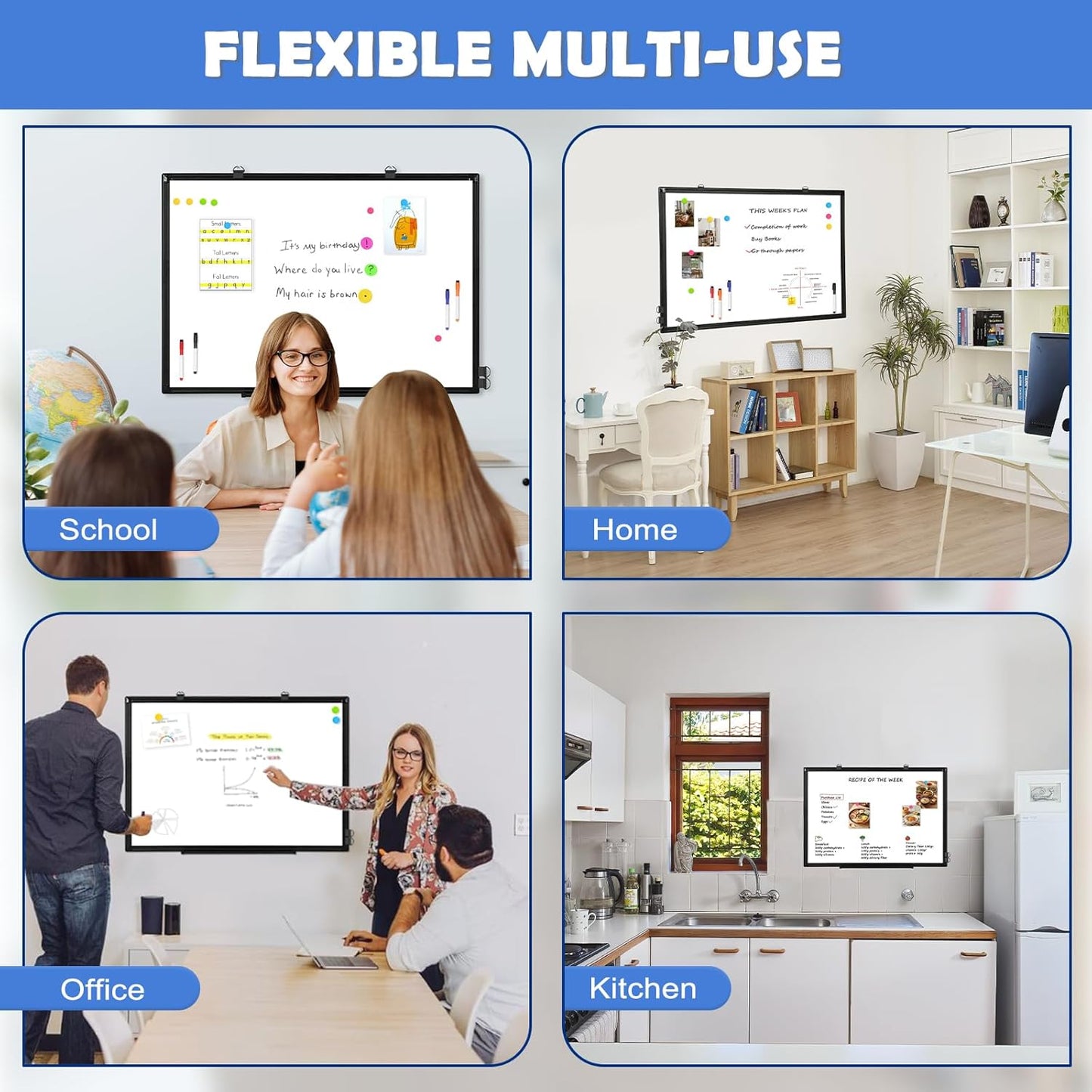 Double-Sided White Board Black Aluminium Frame, 24" x 18" Dry Erase Board Magnetic Whiteboard for Wall, Hanging Mounted Whiteboard Home, School, Office, Kitchen