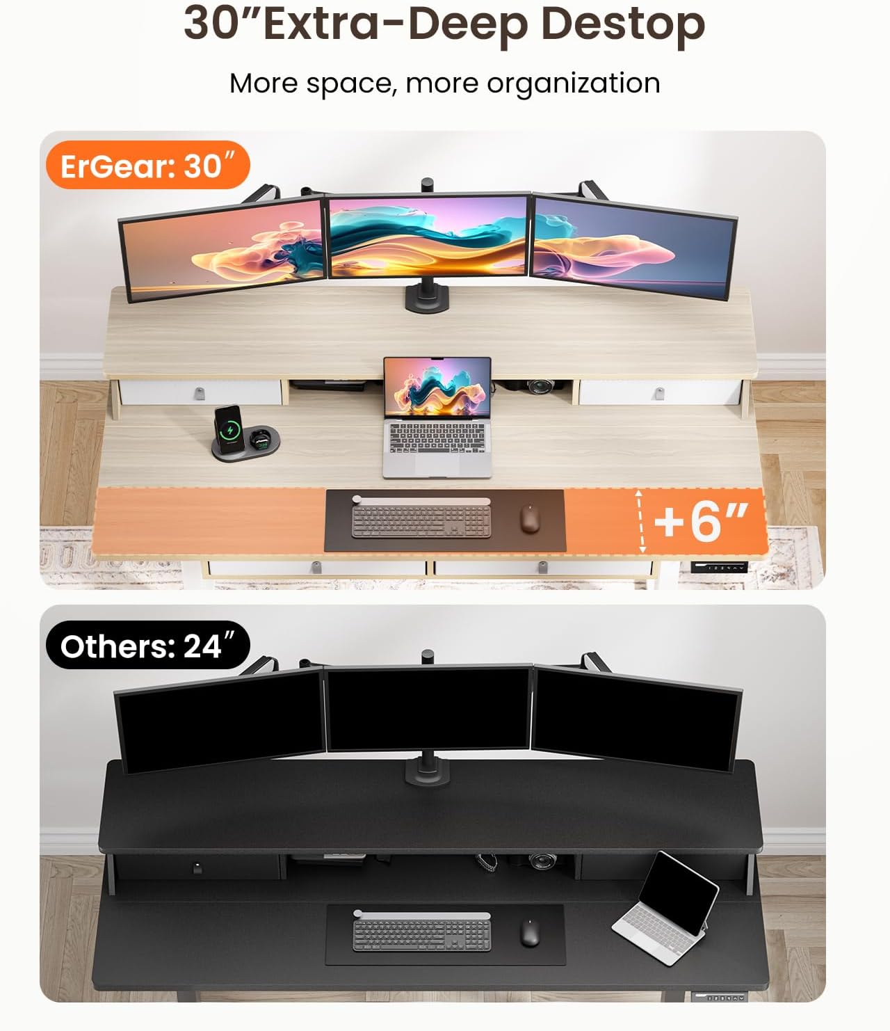 ErGear Electric Standing Desk with 4 Drawers, 63" x 30" Height Adjustable Desk with Storage, C-Clamp Mount Compatible, Computer Home Office Table with Cable Management Tray, Natural