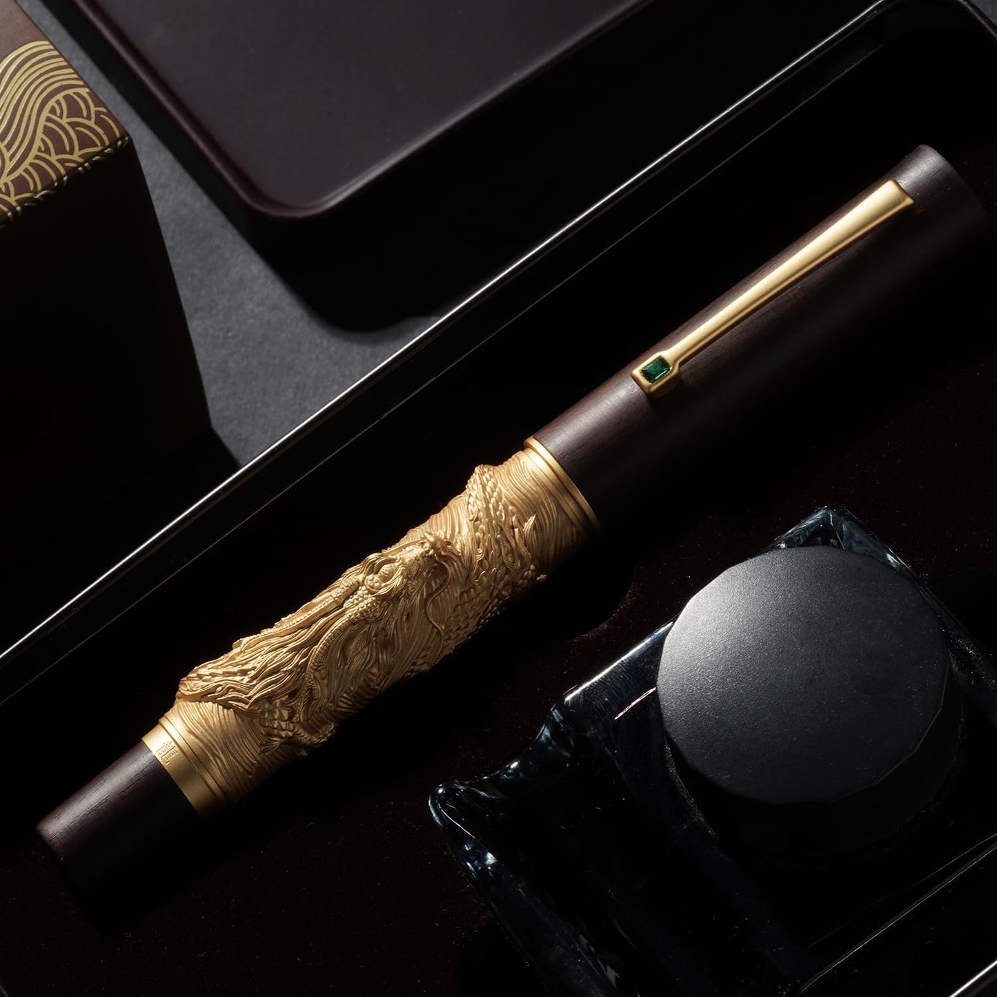 Hongdian N24 Fountain Pen Extra Fine Nib, Golden Dragon Stereoscopic Carving with Red Wood Design