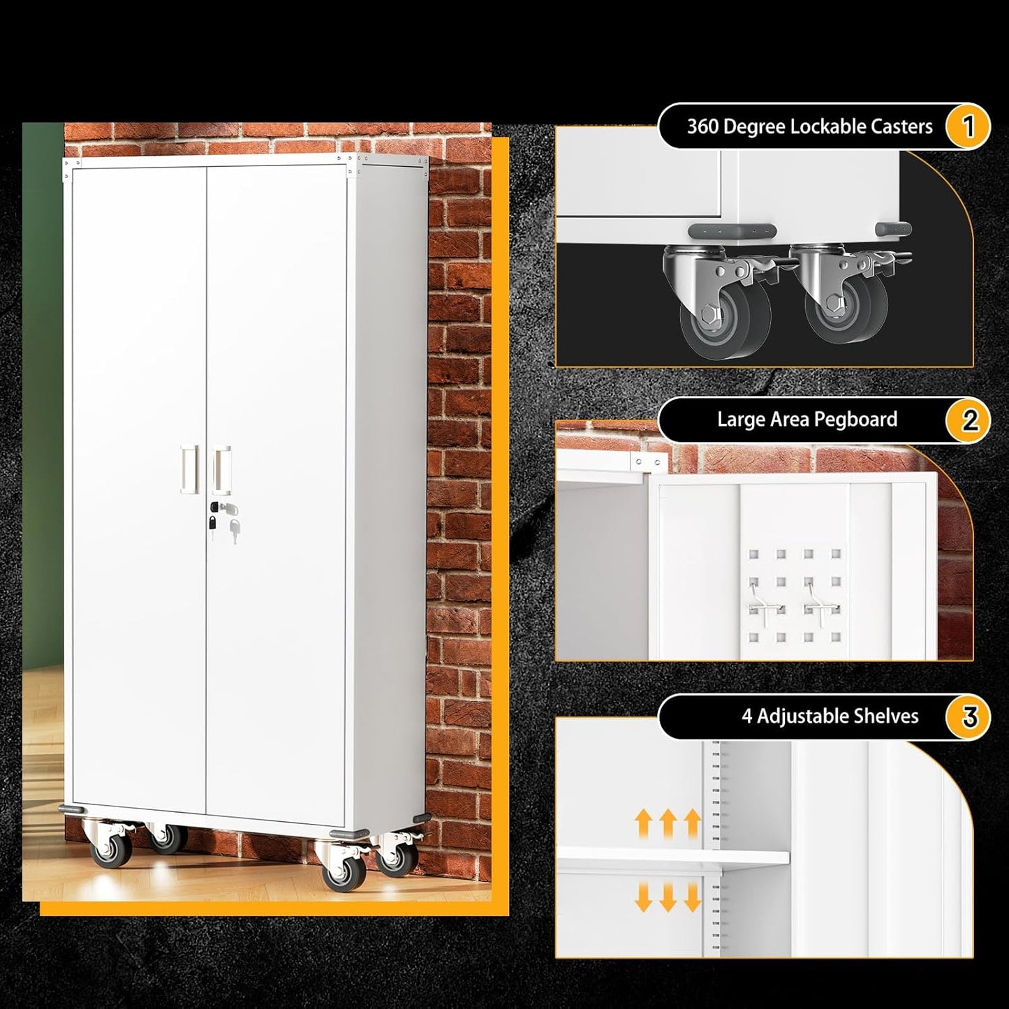 Greenvelly 72" Metal Storage Cabinet with Wheel and Pegboard, Lockable White Metal Garage Cabinets with 2 Doors and 4 Adjustable Shelves, Rolling Steel Tool Cabinet for Garage, Home Office, School