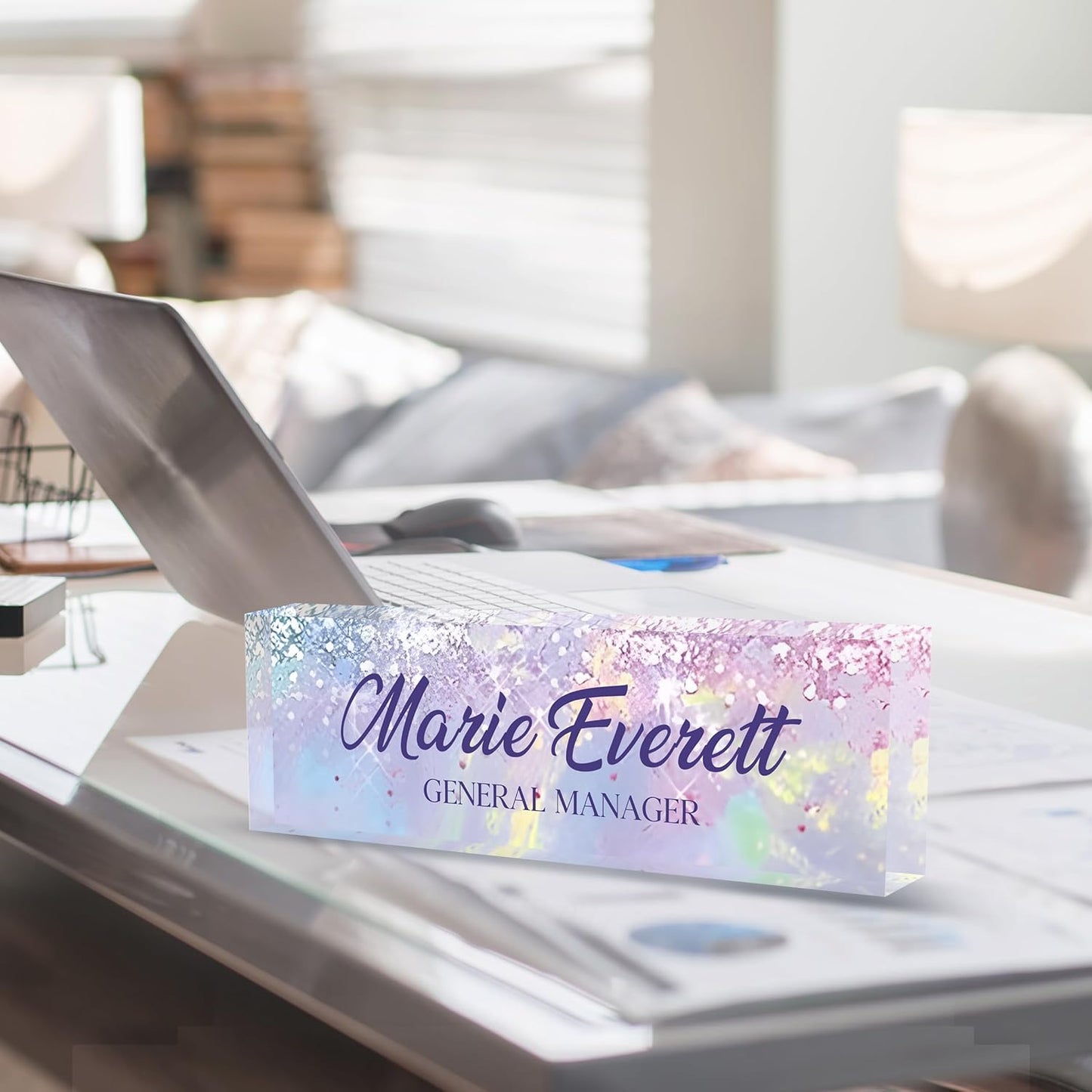 Custom Name Plate for Desk | Personalized Desk Name Plate | Personalized Boss Employee Appreciation Gifts | Acrylic Name Plate Office Desk Accessories (A-Colorful Purple Crystal)
