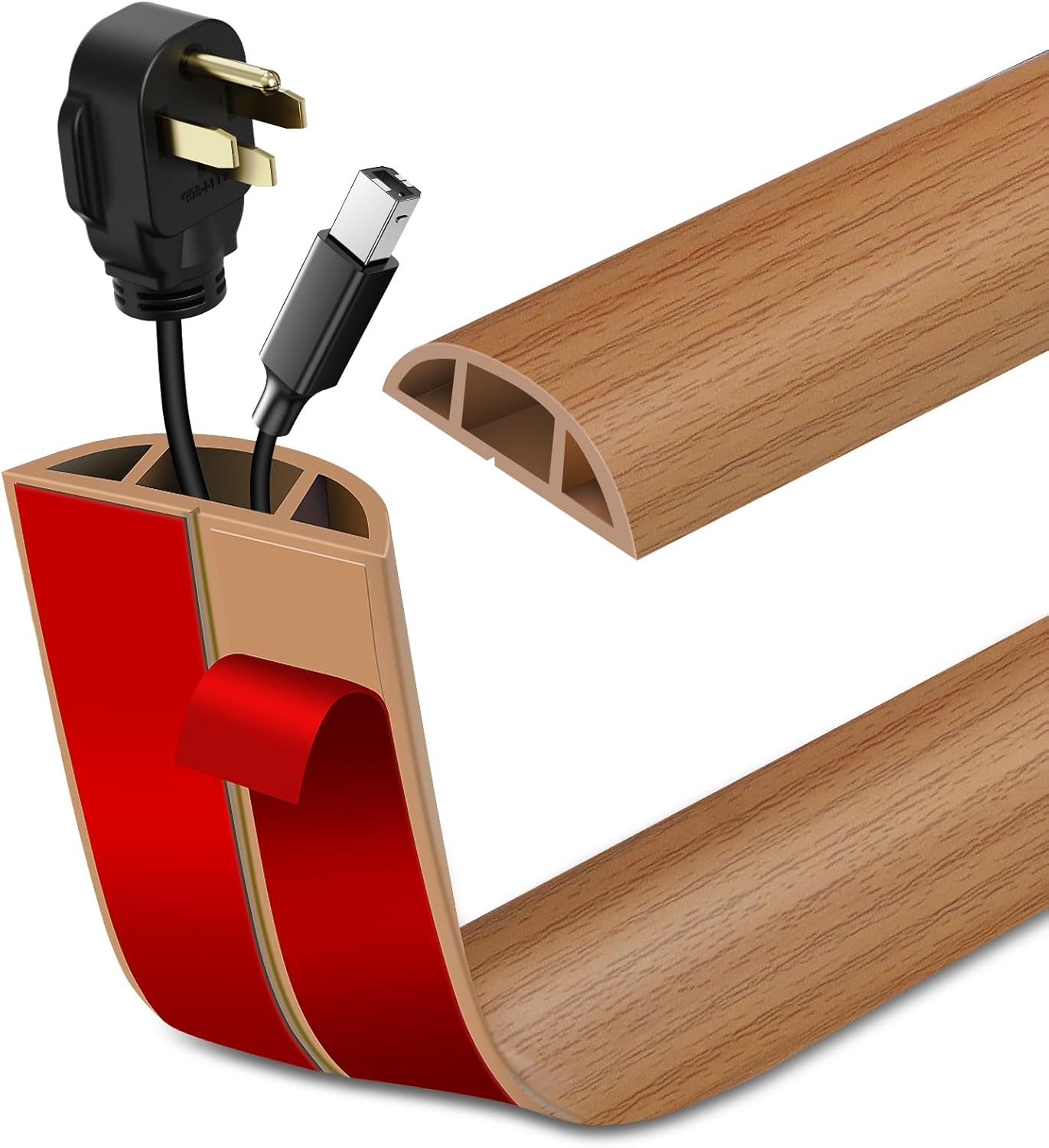 Floor Cord Cover Self Adhesive Cord Hider Floor Extension Cord Covers for Floor Power Cord Protector Cable Management Prevent Cable Trips Cable Cavity 0.47" W x 0.27" H (Light Brown Wood, 3.3Ft)
