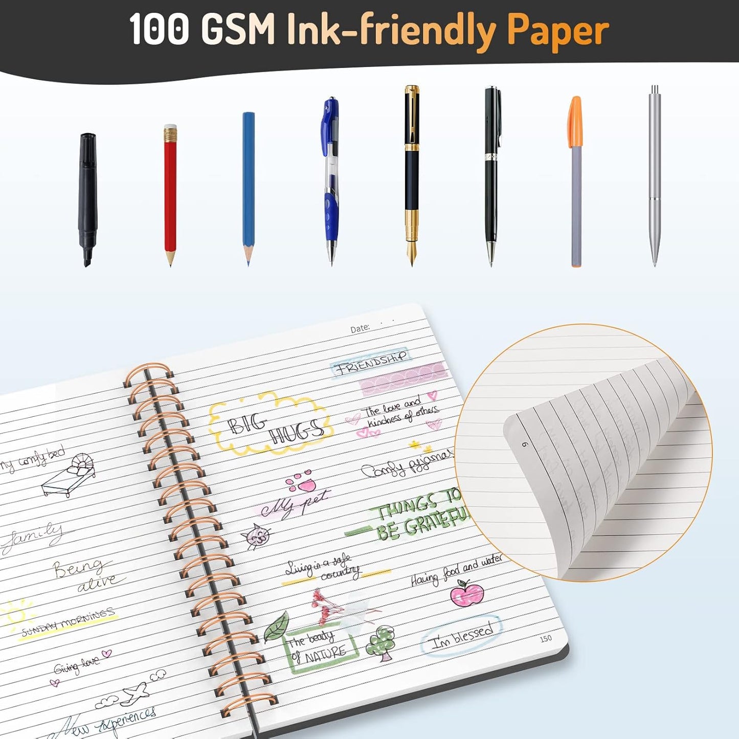 Forvencer Lined Spiral Journal Notebook with 300 Numbered Pages, B5 College Ruled Thick Journals for Writing with 100GSM Paper, Hardcover Notebooks with Contents for Work, School, Women, Men, Black