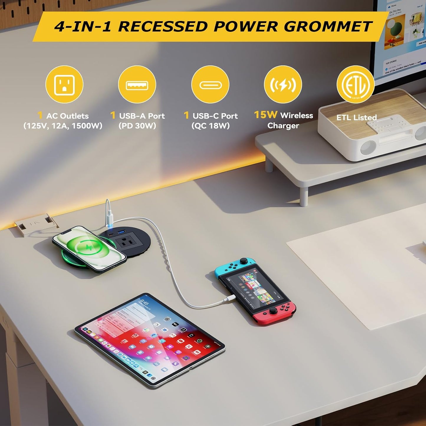 Desk Power Grommet with PD 30W USB C, 15W Wireless Recessed Power Outlets with 1 AC Plugs and 2 USB Ports, Hidden Power Strip for Office Kitchen Cabinet Conference Room