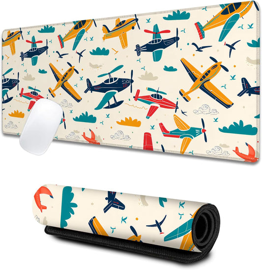 Airplane Large Gaming Desk Mat,Rubber Non-Slip Aviation Adventure Mouse Pad,31.5x11.8x0.12in Extended Colorful Plane Cloud Mousepad,Game Lover Mice Pads Gifts,Office Home Deskmat Decor