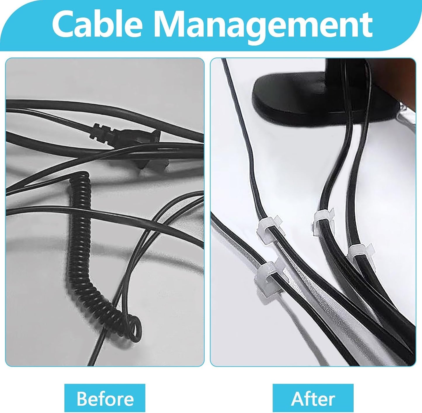 100PCS Cable Clips, Adhesive Wire Clips Organizer Cord Clips Management, Cable Staples Outdoor Strong for Wall, Desk, Christmas Lights, String Lights, TV PC Ethernet Cable, Clear Large