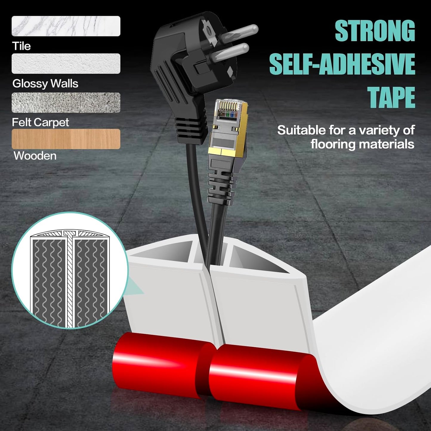 Floor Cord Cover Self Adhesive Cord Hider,3.3FT Cable Management, Extension Strip Protector for Wires, Prevent Cable Trips for Offices, Gyms, Exhibitions Cavity:0.51"(W) x 0.3"(H) White