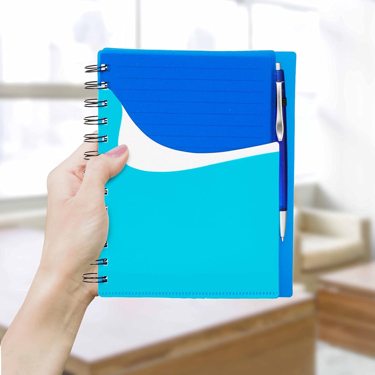 DISCOUNT PROMOS Spiral Notebooks with Front Pocket Set of 10, Bulk Pack - Durable Plastic Cover, Includes Matching Pen in Blank Ink, Perfect for School, Office, Home - Blue