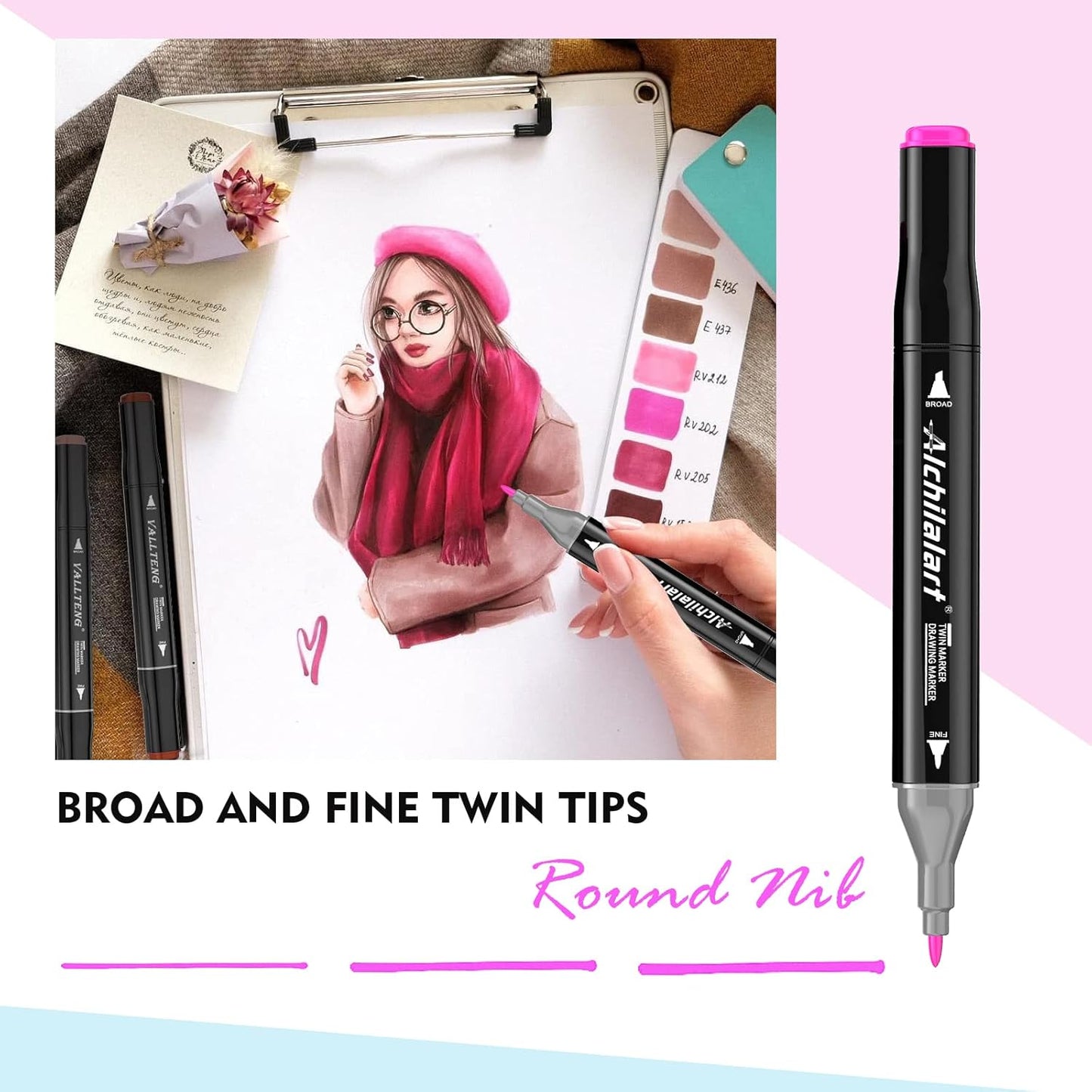 alchilalart 100-Colors Alcohol Based markers, Alcohol Markers Set, Dual Tip Alcohol Sketching Drawing Markers Animation for Adults Kids