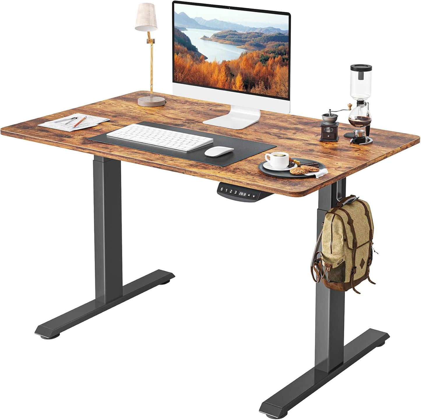 FEZIBO One-Piece Standing Desk Adjustable Height Stand up Home Office Desk, 40x24 Inch Electric Standing Computer Desk, with 4 Memory Presets, Fixable casters, Rustic Brown