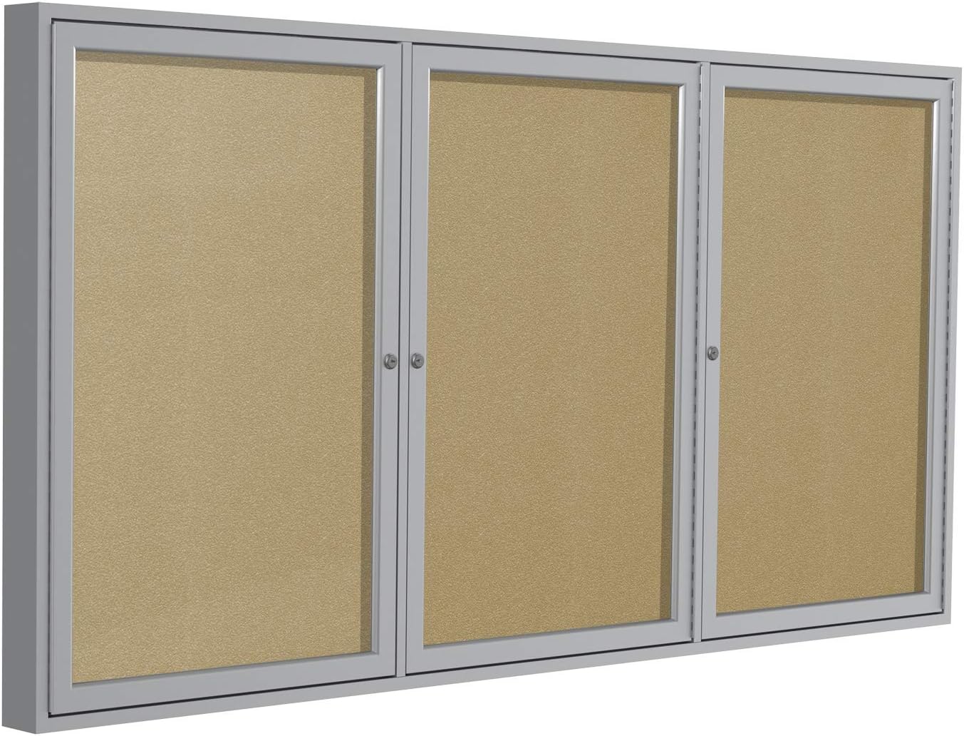 Ghent 36" x 72" 3-Door Outdoor Enclosed Bulletin Board with Lock, Vinyl Material, Shatter Resistant Acrylic Panels, Made in the USA, Satin Aluminum Frame - Caramel