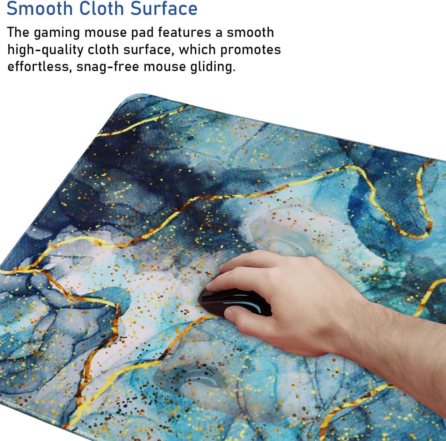 Large Mouse Pad with Stitched Edges, (35.4X15.7In) Durable Non-Slip Natural Rubber Base, Waterproof Computer Keyboard Pad Mat for Esports Pros/Gamer/Desktop/Office/Home, MarbleBlue