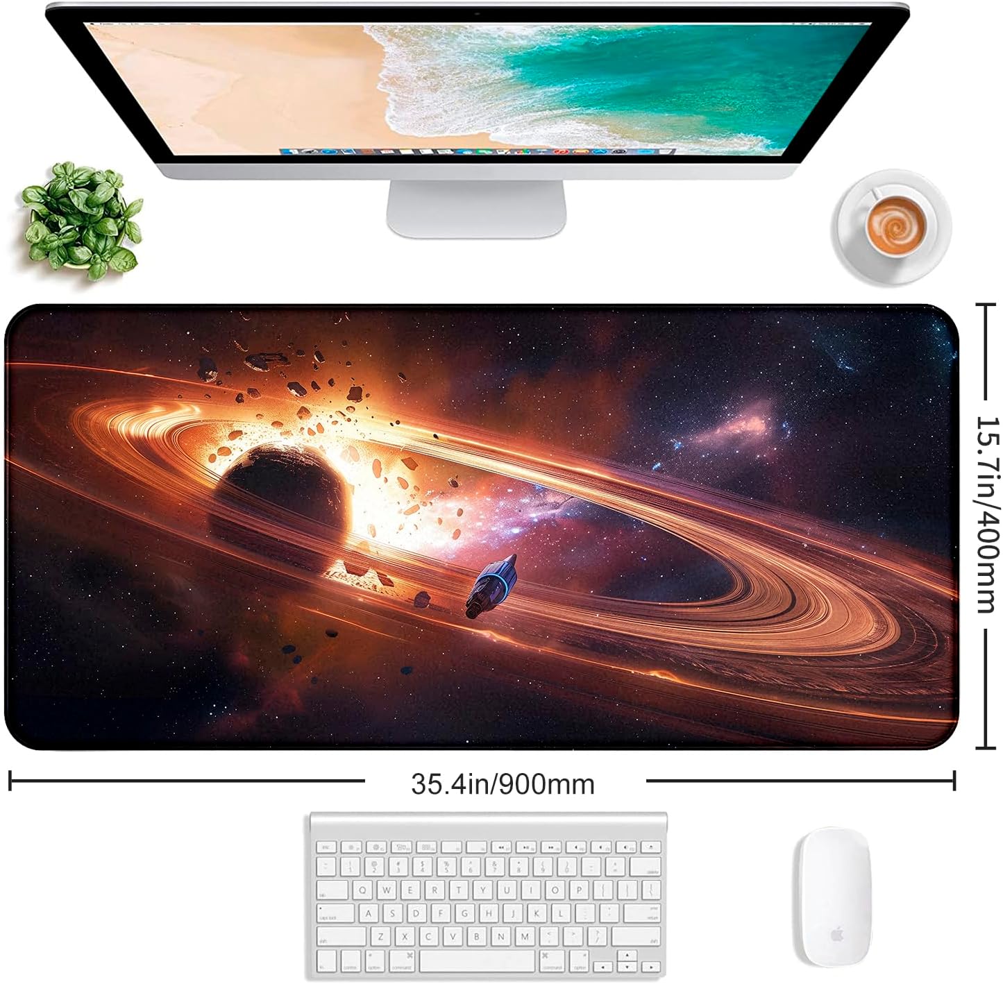 Personalized Galaxy Starry Sky Nebula Customized Computer Keyboard Office Desk Pad, Cute Space Planet Full Table Extended Mouse Pad 35.4 x 15.7 Inches