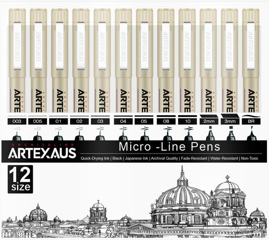 Micro Fineliner Drawing Art Pens, 12 Assorted Sizes, Waterproof Archival Ink, Art Supplies for Adults Sketching, Calligraphy, Technical Illustrators.