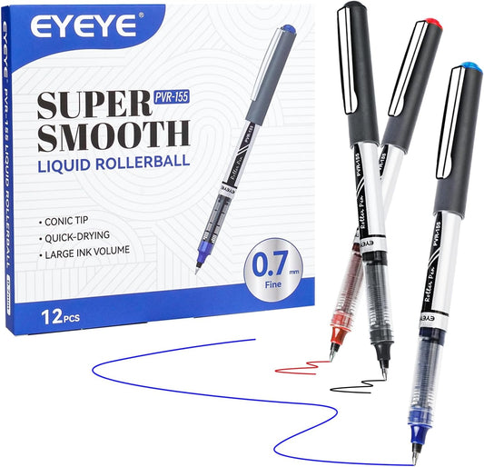EYEYE Liquid Ink Rollerball Pens 0.7mm, Medium Point Roller Ball Pen 12 Pack 3 Colors Quick Dry, Ink Pens Fine Point Smooth Writing Pen for Journaling, Note Taking, Office, School Supplies