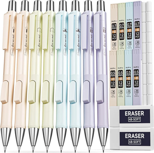 Nicpro 8PCS Pastel Mechanical Pencil 0.5 & 0.7 mm, Cute Fast Click Mechanical Pencils Set with 8 Tubes HB Lead Refills, Erasers for Drafting, School Student Writing, Drawing, Sketching -with Case