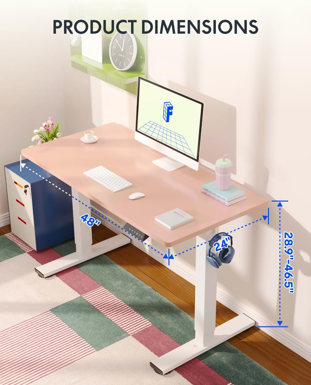 FLEXISPOT EN1 One-Piece Standing Desk, 48 x 24 Inches Electric Height Adjustable Desk for Home Office (White Frame + Pink Desktop)