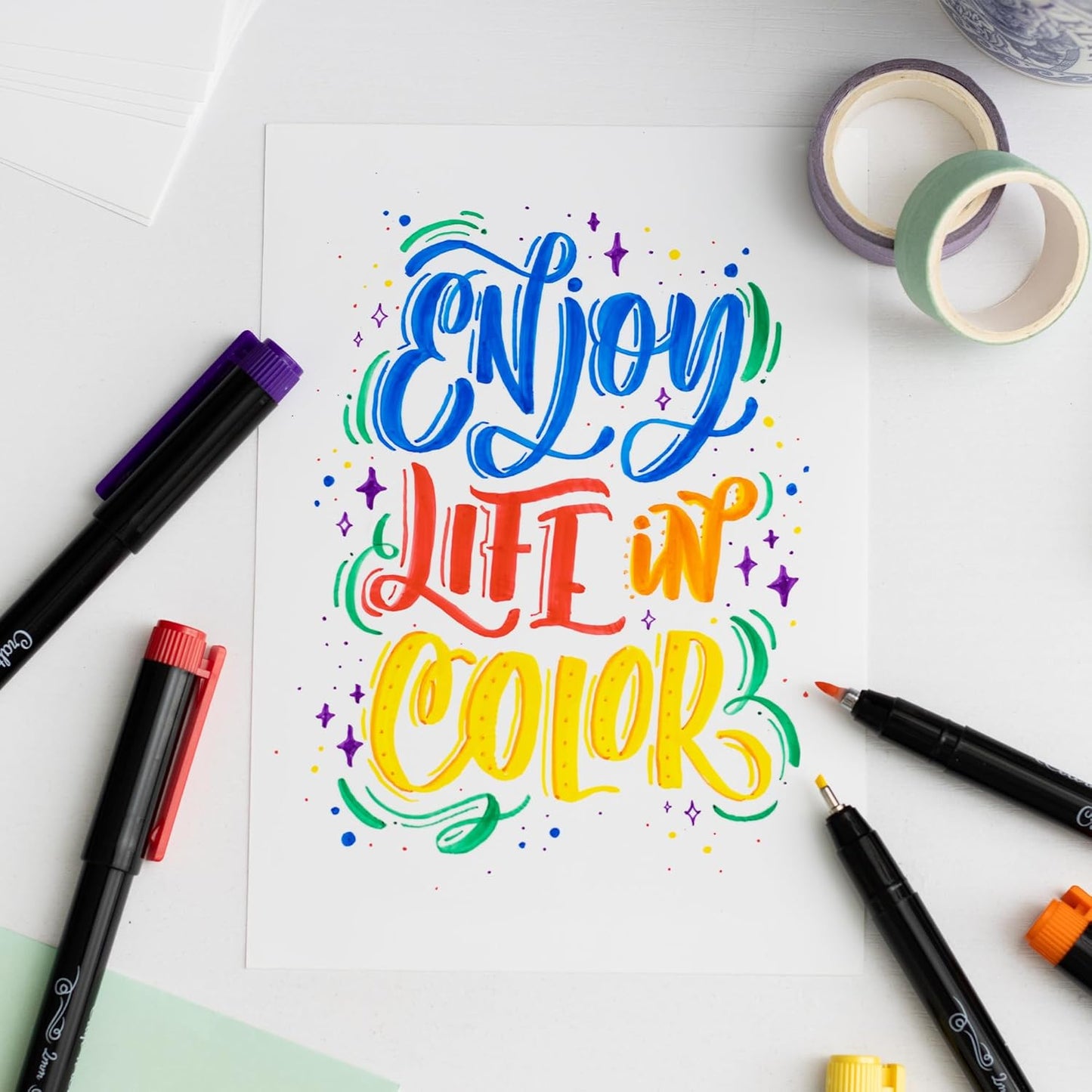 Craft 'n' Beyond Colored Calligraphy Brush Pens Waterproof Pack of 12 Markers for Hand Lettering, Art Drawing, Sketching, Scrapbooking, Journaling - Beginner Kit with Fadeproof Ink