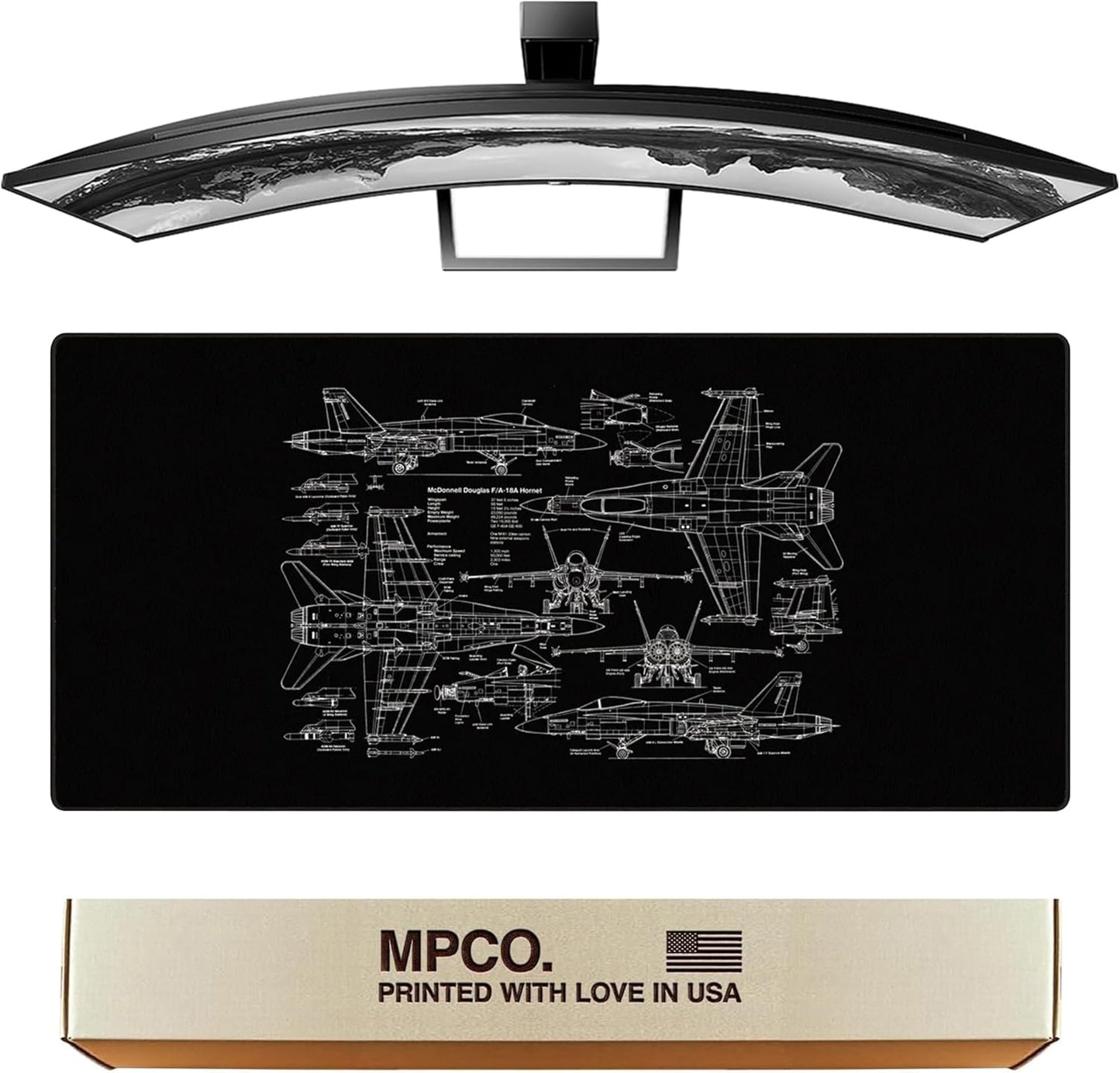 MPCO. Blueprints Large Gaming Desk Pad - 36" x 17" Aeroglyde Fabric 18A Hornets – Black Desk Mats - Non-Slip, Washable, Smooth Glide for Precision Gaming & Work