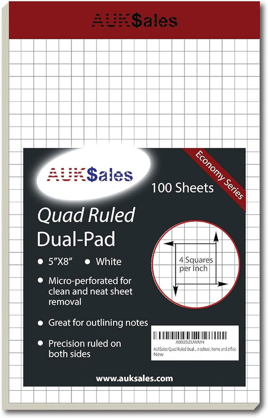 Grid Paper Pad 5x8 Inches, Graph Paper Pad 4x4, Grid Notepad, 1 Pack, 5x8 Graph Paper 1/4 Grid, Graphing Paper, Engineering Pad, 100 Sheets 200 Pages Perforated Pad for School, Home, & Office