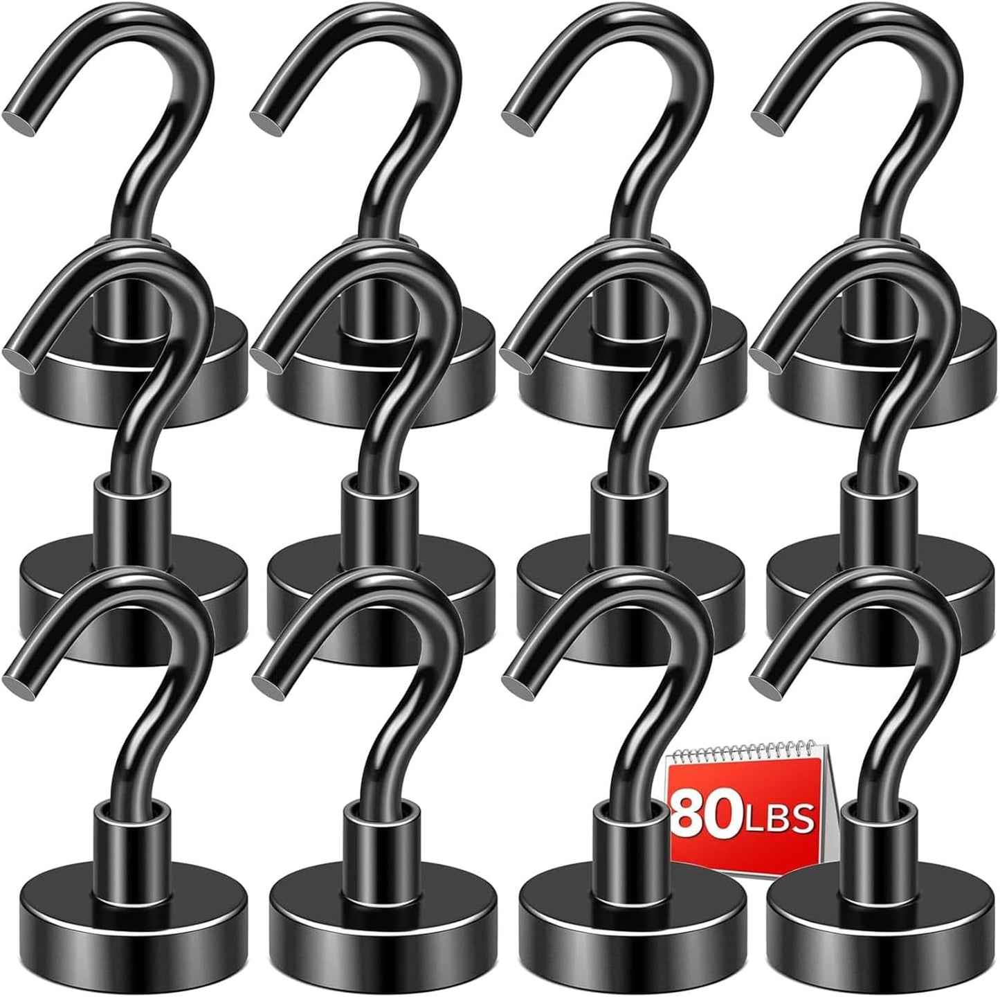 DIYMAG Black Magnetic Hooks, 80 LB Heavy Duty Strong Magnets with Hook, Rare Earth Neodymium Magnetism for Cruise Cabins Cruise Ship Essentials 12 Packs