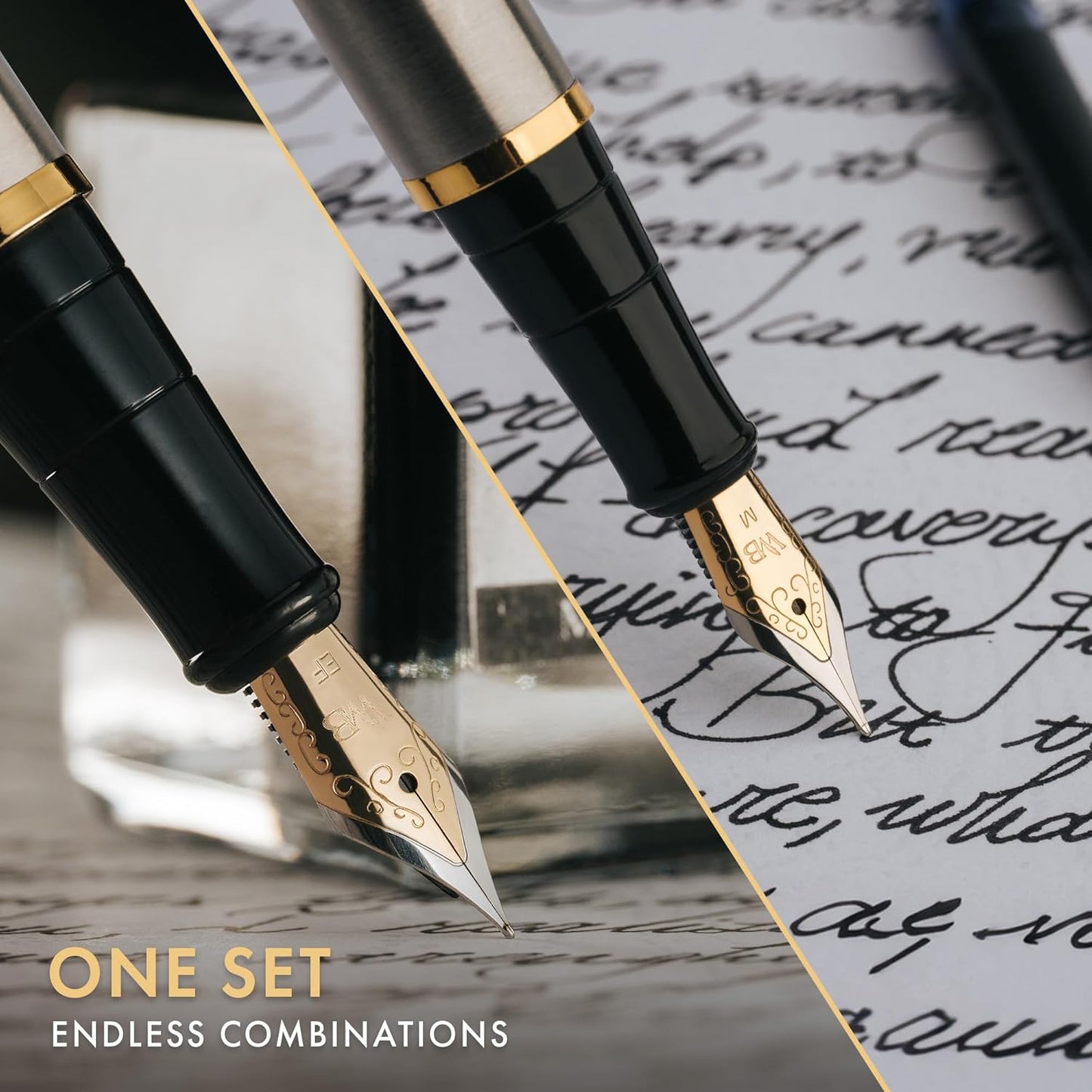 Wordsworth & Black Fountain Pen Set,18K Gilded Medium and Extra Fine Nib,25ML Black Ink Bottle,6 Ink Cartridges,Refill Converter,Gift Box,Smooth Writing Pens [Silver Gold],Gift Set for Men and Women