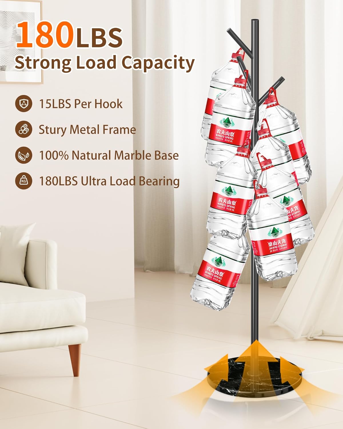 EZIVIEZ Modern Coat Rack Stand, Metal Freestanding Coat Rack with Natural Marble Base, Black Coat Racks with 8 Hooks and Coat Hanger Tree Jacket Stand for Office, Entryway, Hallway