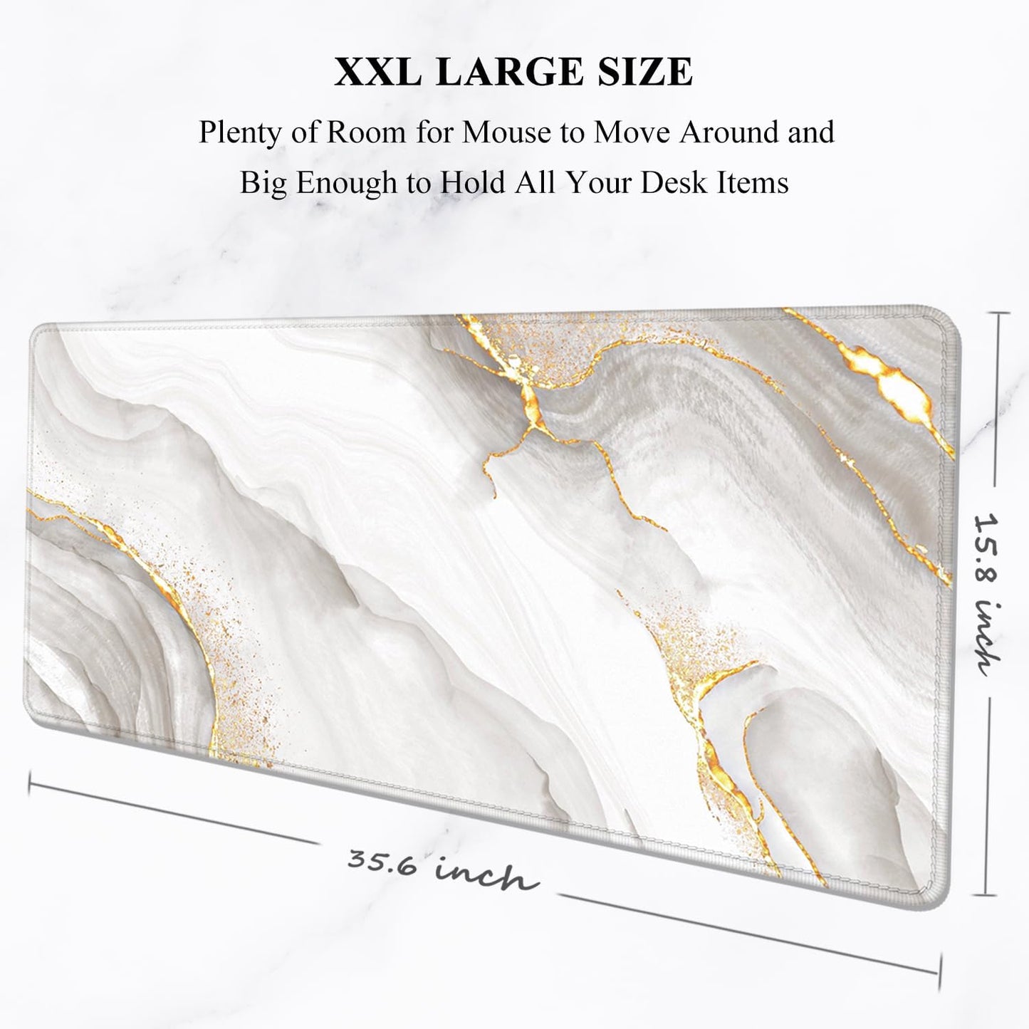Auhoahsil Large Mouse Pad, XXL Gaming Mousepad, Desk Mat for Desktop, Thick Rubber, Big & Long Size, Stitched Edges, Full Desk Pad for Laptop & Computer, Extended 35.4 x 15.7 in, Gold Gray Marble