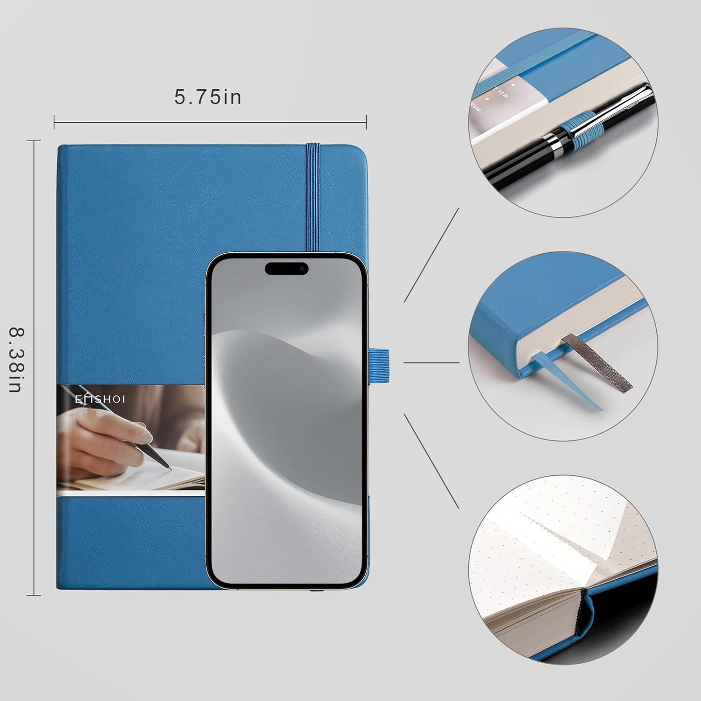 EMSHOI Dotted Notebook - 256 Pages A5 Dot Grid Journal Bullet Notebook with 120gsm Thick Dotted Paper,16 Perforated Pages, Hardcover Leather, Pen Holder, Inner Pocket, 5.75" x 8.38"-LightBlue