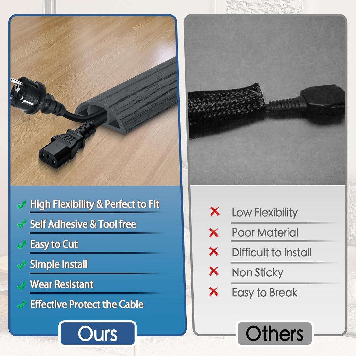 Floor Cord Cover for Wires on Floor Self Adhesive Cord Hider Floor Cable Management Wire Covers for Cords Protector Prevent Cable Trips Cord Cavity W 0.47" x H 0.27", Deep Gray Wood, 3.3Ft