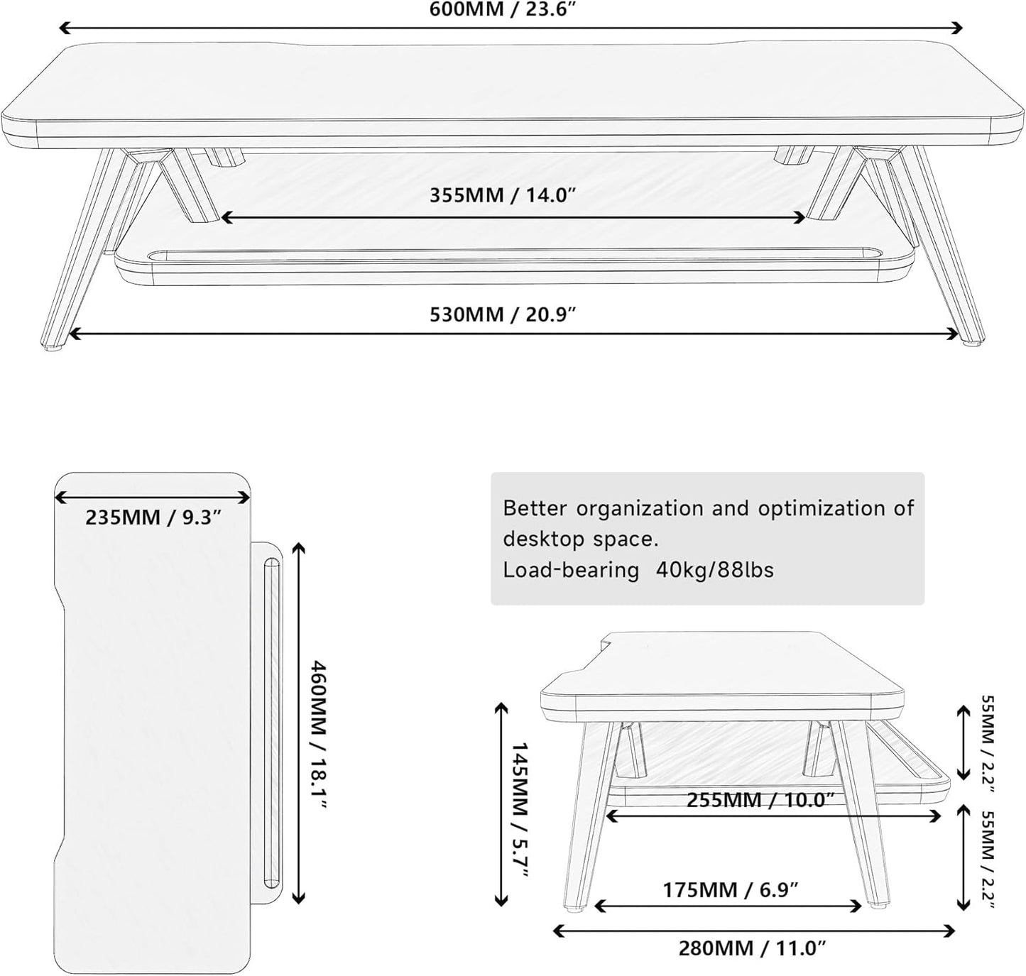 Fenge Monitor Stand, Monitor Stands Riser for Desk, 23.6 Inch Wood Desk Shelf with Storage Organizer and Cable Management for Office Desk Accessories