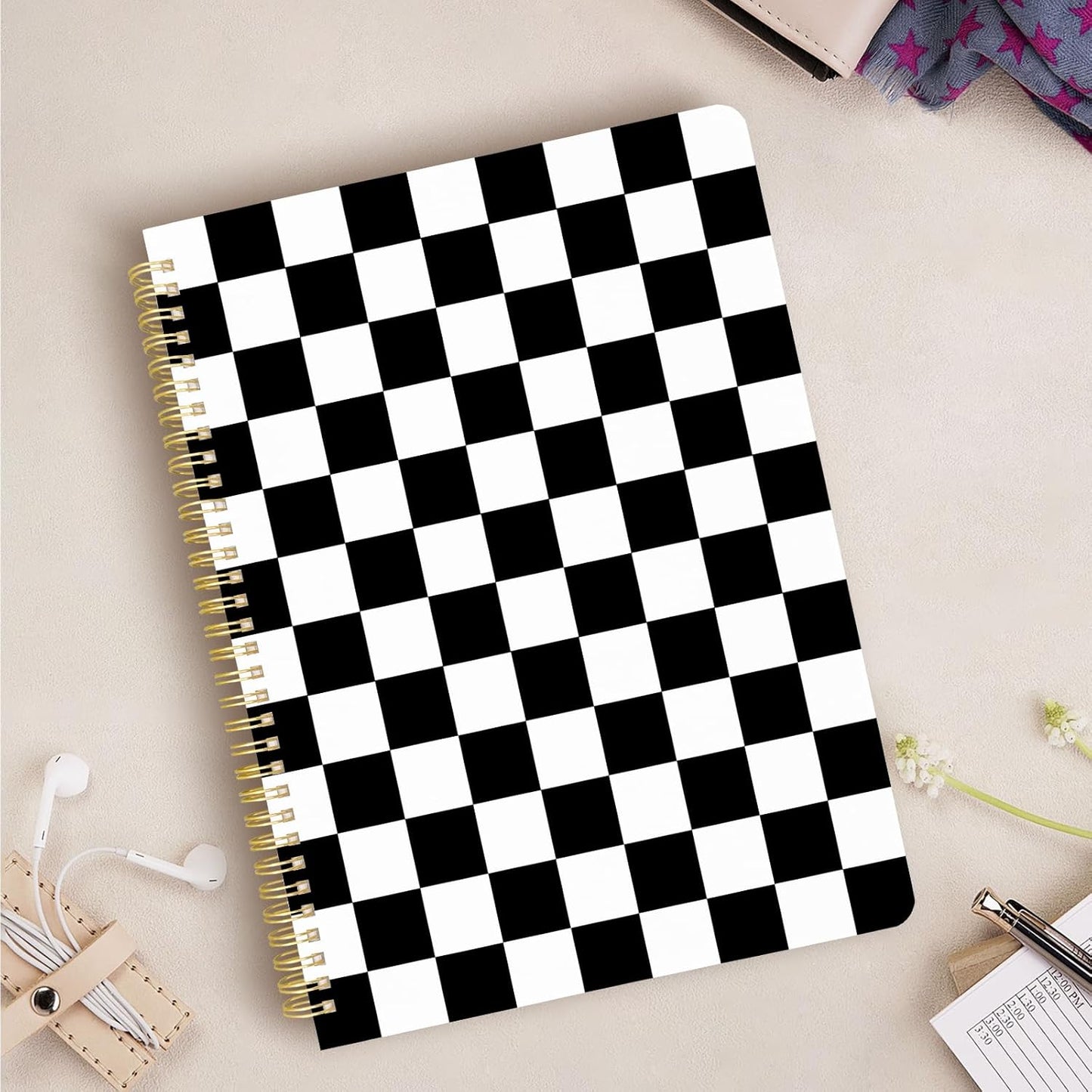 Cute Spiral Notebook journal A4 Aesthetic Pretty Design for Women Girls Kawaii with Pocket, 8.5 x 11 inch, Graph, Black Plaid