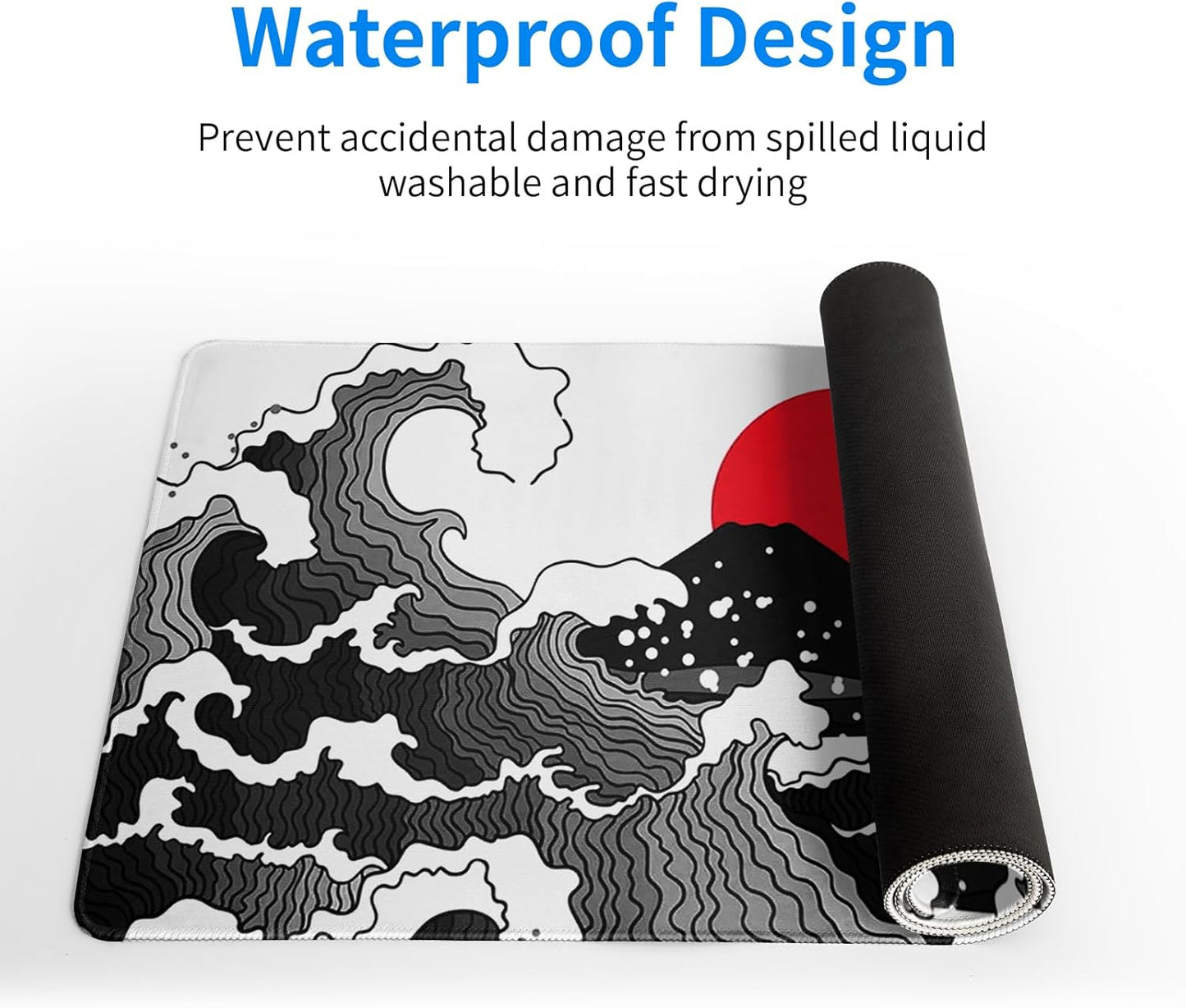 Japanese Red and Black Wave Gaming Mouse Pad Extended Large Mouse Mat Desk Pad Sea Texture Non-Slip Rubber Base Wave Mousepad Stitched Edges Keyboard Desk Pad for Office Home Game 27.6x11.8 Inch