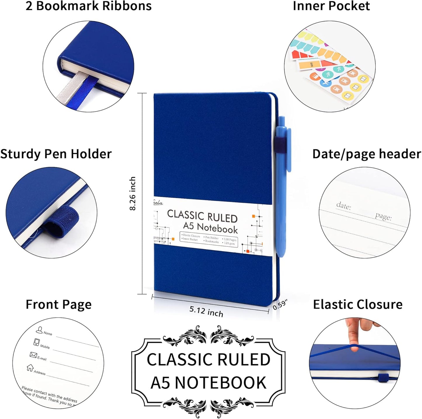 feela 8 Pack Journal Notebook Bulk for School, Hardcover Business Notebooks Classic Ruled Lined Journals with Pen Holder for Work Note Taking, with 8 Black Pens, 120 GSM, 5.1”x8.3”, A5, Navy