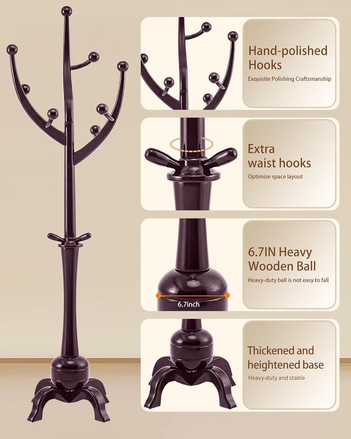 EZIVIEZ Wooden Coat Rack Stand, Solid Wood Freestanding Coat Rack with 11 Hooks, Creative Design Tree Branch-look Coat Racks, Heavy Duty Standing Coat Hanger Jacket Tree Stand for Office, Entryway