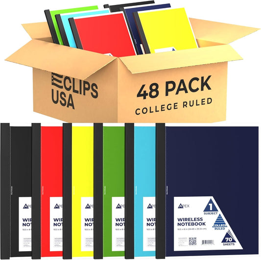 E-CLIPS USA Non Spiral Notebook, 1 Subject, College Ruled Notebook, Journal Notebook, Notebooks Bulk, School Supplies, Perforated Edges, 6 Colors, 70 Sheets (48, College Ruled)