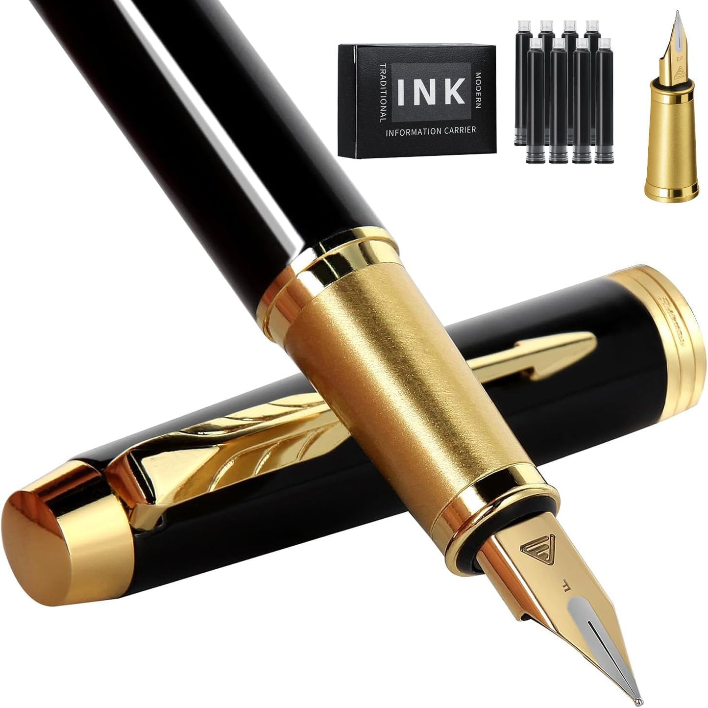 Fountain Pen,luxury pens Fine point smooth writing pens for journaling fancy pen with Gift Case 8 black ink cartridges an EF Nib an ink converte nice metal pen writer gifts（Black）